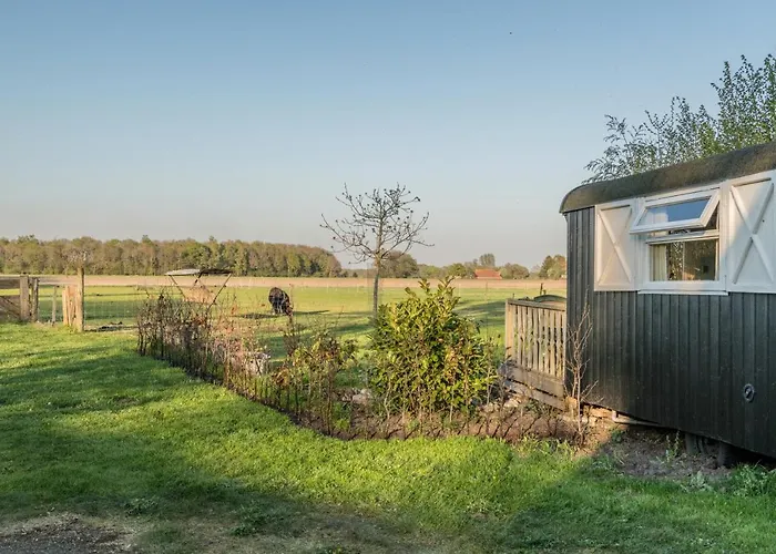 Pipowagen Lidewei Groningen Westerwolde unieke ligging met eigen tuin en vrij uitzicht over veld naar natuurgebied